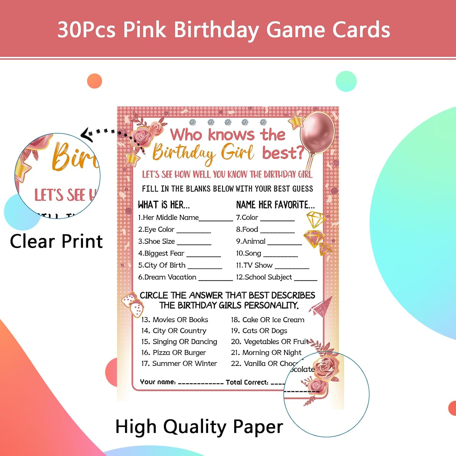 HOMANGA Who Knows The Birthday Girl Best, Birthday Would She Rather, Birthday Game Cards for Girls Her Sleepover Party - 6x8 inch Set of 30 (Pink & Rose, Double-Sided)-2