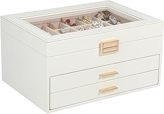 Voova Jewelry Box Organizer for Women Girls, 3 Layer PU Leather Jewelry Storage Case with Glass Lid & 2 Drawers, Large Jewellery Display Holder for Necklaces Rings Earrings Bracelets, White