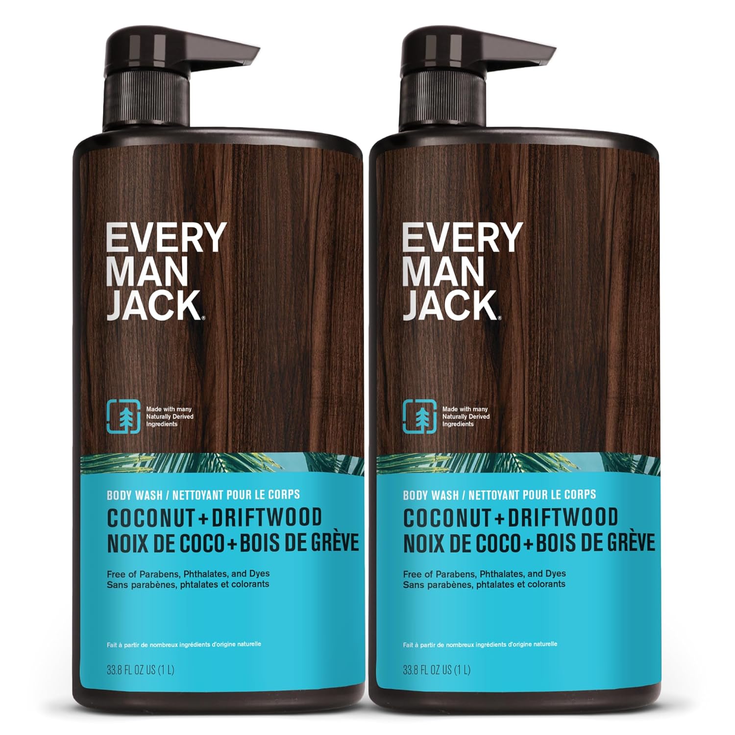 Every Man Jack Coconut + Driftwood Mens Body Wash for All Skin Types - Cleanse, Hydrate, and Smell Great - Free of Parabens, Phtalates, and Dyes - 33.8 fl oz (2 Pack)-0