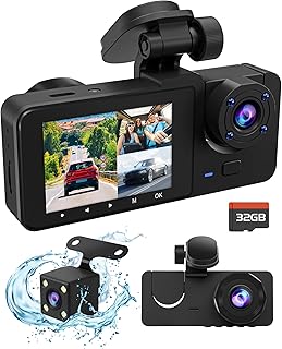 Dash Cam Front and Rear Inside, 4K Full HD Triple Dash Camera for Cars, Car Camera with 32GB Card,Built-in Loop Recording,G-Sensor,24H Parking Monitor,WDR,Accident Lock