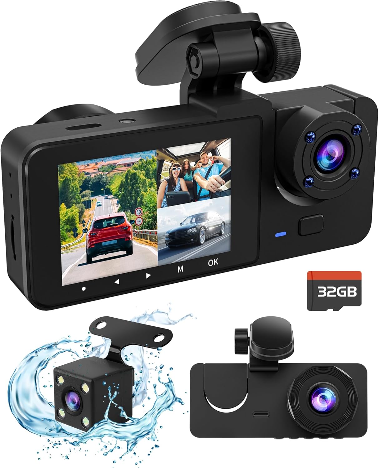 Dash Cam Front and Rear Inside, 4K Full HD Triple Dash Camera for Cars, Car Camera with 32GB Card,Built-in Loop Recording,G-Sensor,24H Parking Monitor,WDR,Accident Lock-0