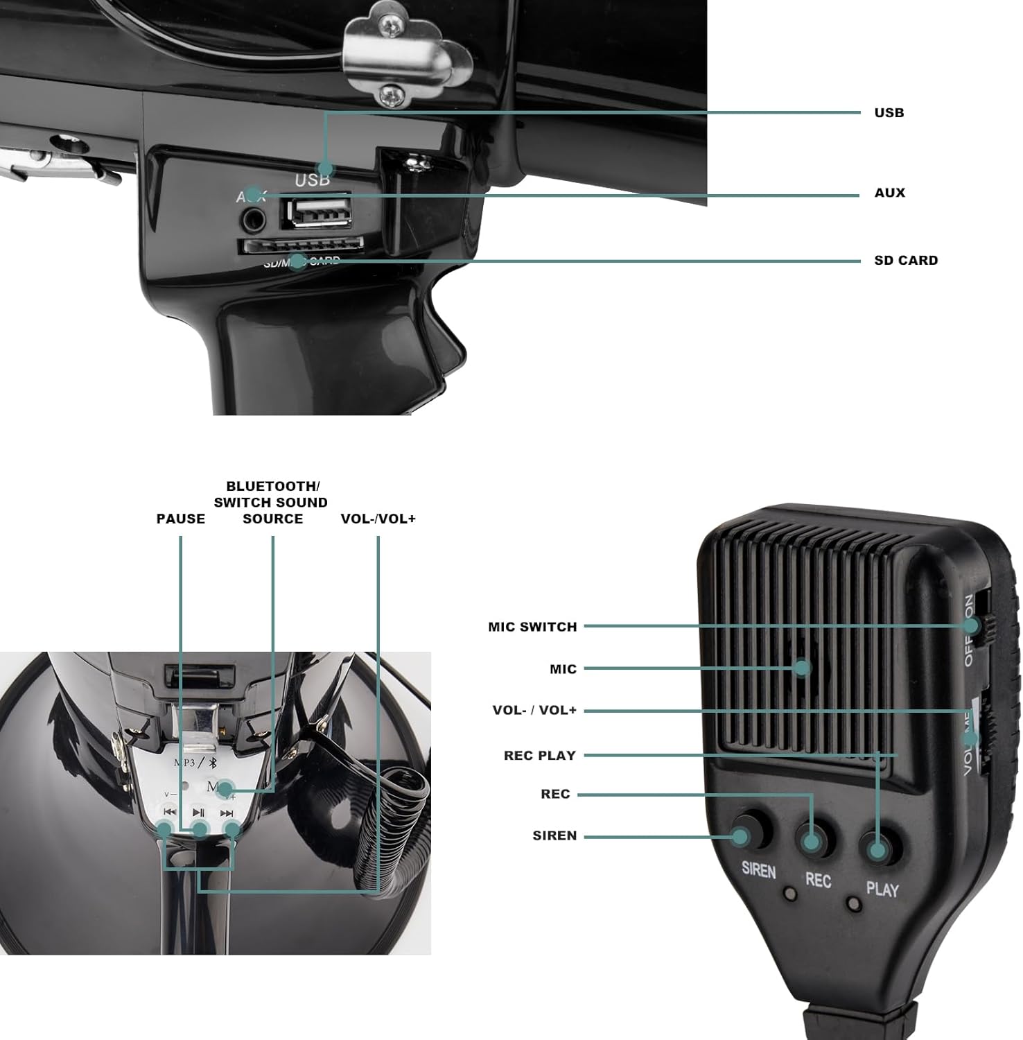 75w Megaphone Bullhorn, Loud Speaker with AUX(3.5mm), USB and Bluetooth Input, Built-in Siren and Recording- Rechargeable Battery-for Outdoors, Police-1
