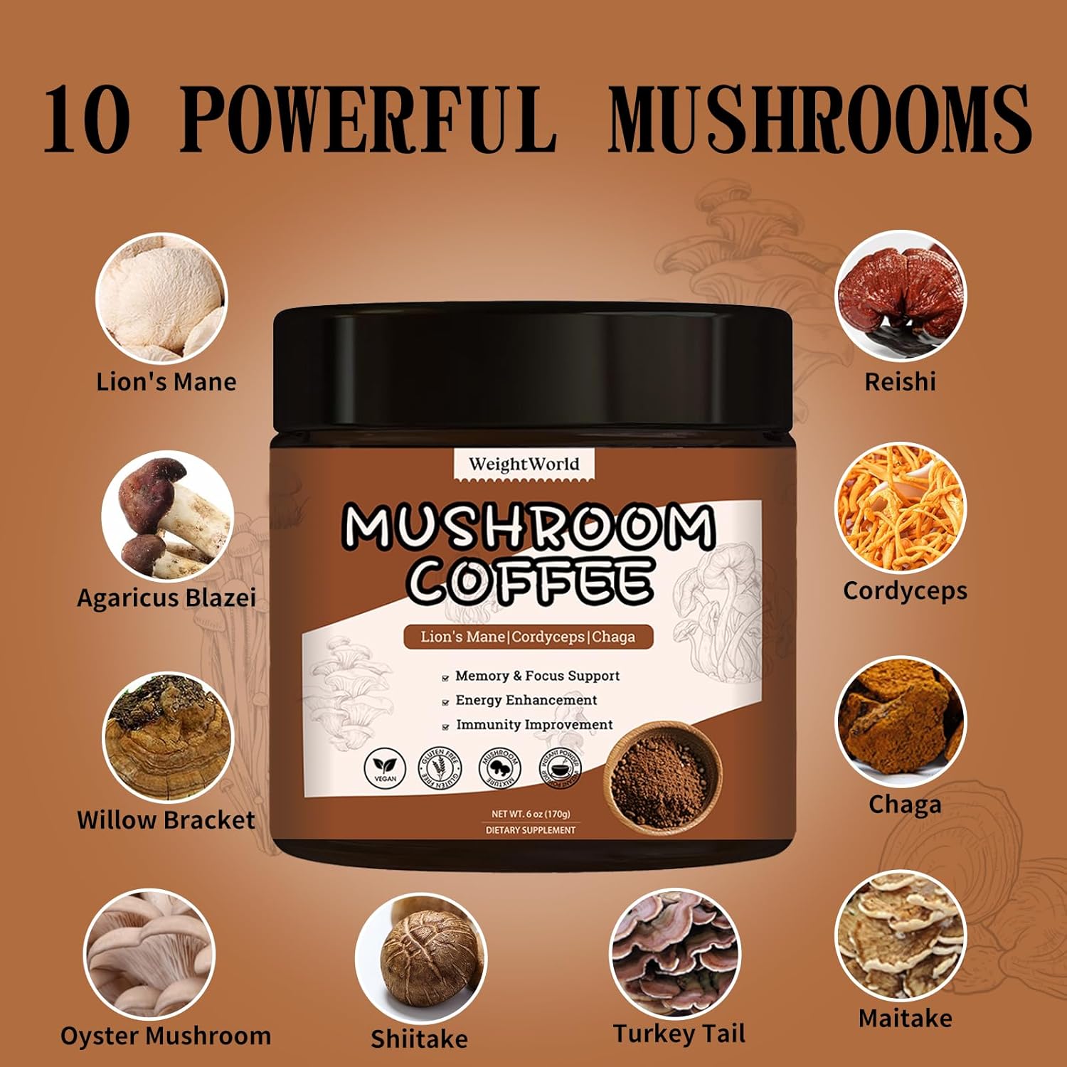 Mushroom Coffee Powder - Arabica Instant Powder with Lion’s Mane, Reishi, Chaga, Turkey Tail and Cordyceps - Energy & Immune Support - 6 Oz-2