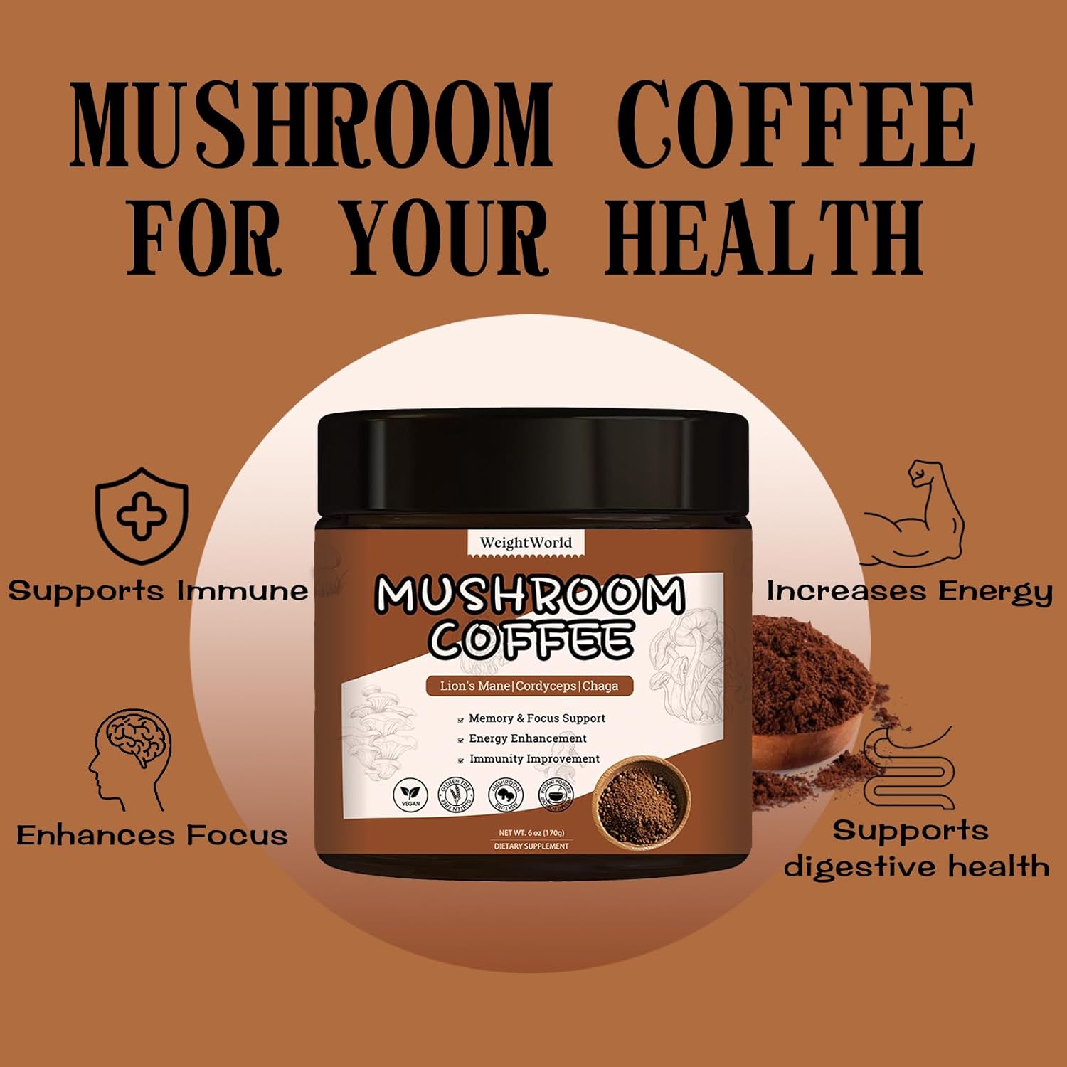 Mushroom Coffee Powder - Arabica Instant Powder with Lion’s Mane, Reishi, Chaga, Turkey Tail and Cordyceps - Energy & Immune Support - 6 Oz-3