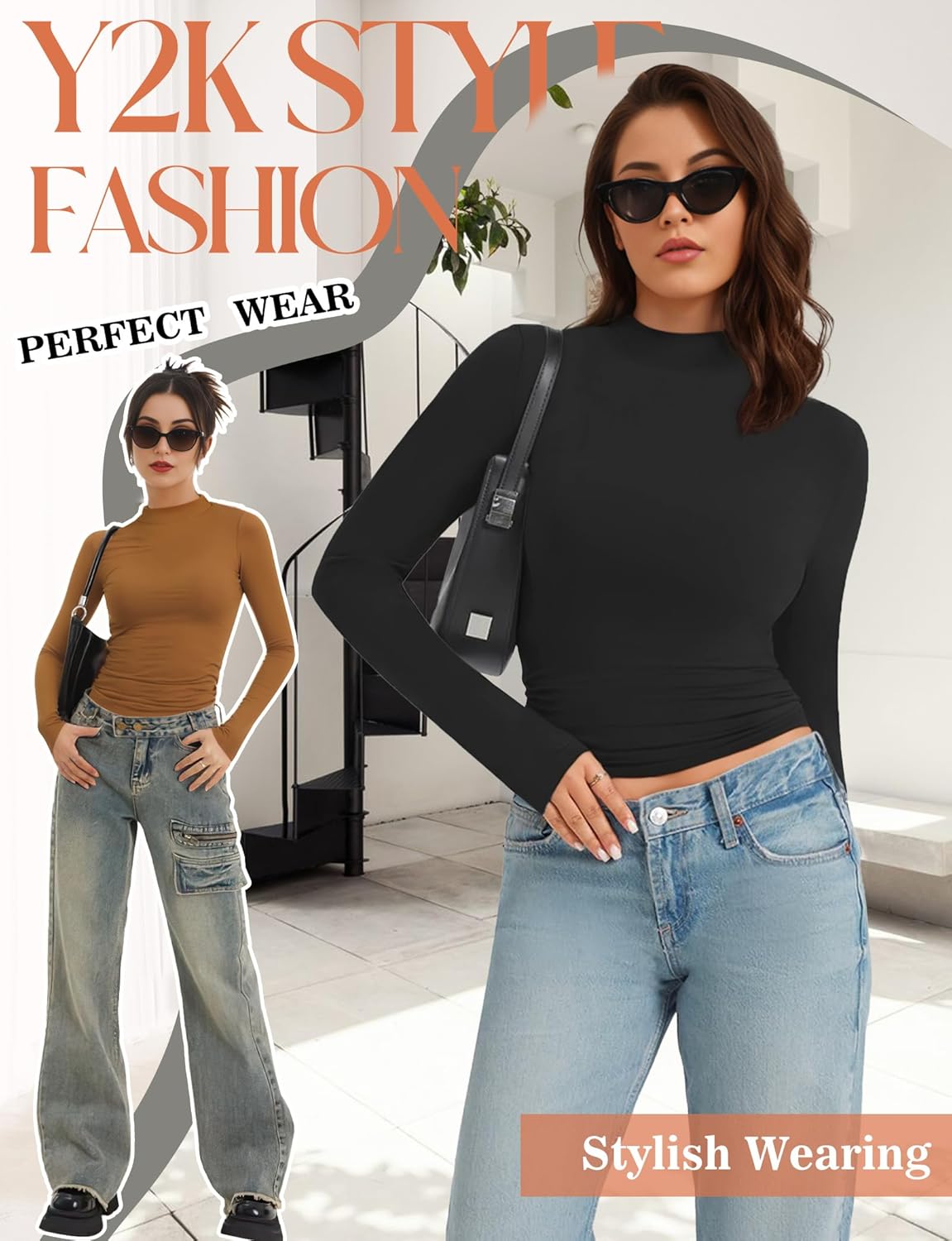 YOGINGO Womens Mock Turtle Neck Basic Long Sleeve T Shirt Slim Fit Tees Fall Y2k Going Out Crop Tops Cute Tight Shirts-5