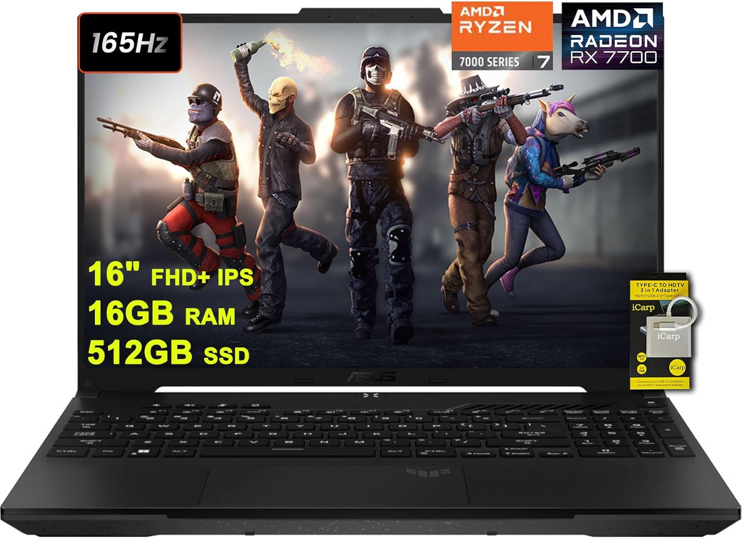 ASUS TUF Gaming A16 Laptop 16" FHD+ 165Hz 7ms 100% sRGB AMD Octa-core Ryzen 7 7735HS 16GB RAM 512GB SSD Radeon RX 7700S 8GB (>RTX4060) Backlit USB-C USB4 Fast Charging Win11 w/ICP Accessory-0