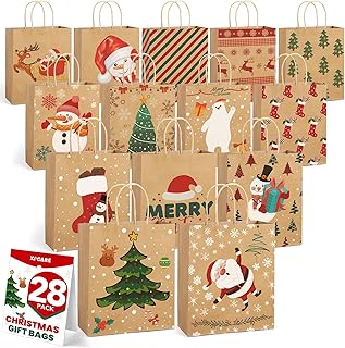 XPCARE 28 Pack Christmas Kraft Gift Bags with Handles, 9x7.5x3.5 Christmas Gift Bags, Christmas Goody Bags for Christmas Holidays Party Favors and Presents