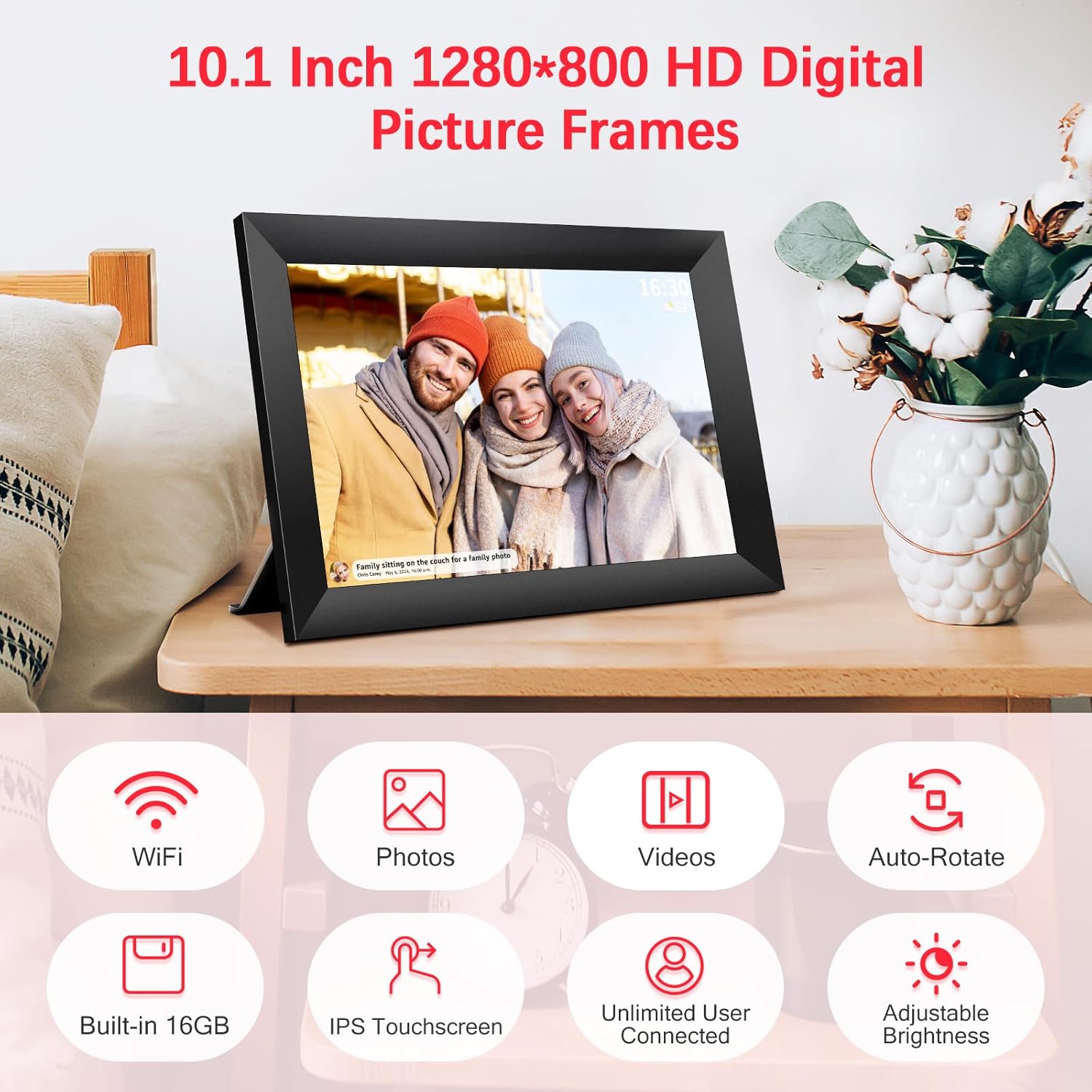 Frameo Digital Picture Frame WiFi, Electronic Digital Photo Frame 10.1 Inch, 1280x800 IPS LCD Touch Screen, Auto-Rotate Wall Mountable, Built-in 16GB Storage, Share Photos from Anywhere-2