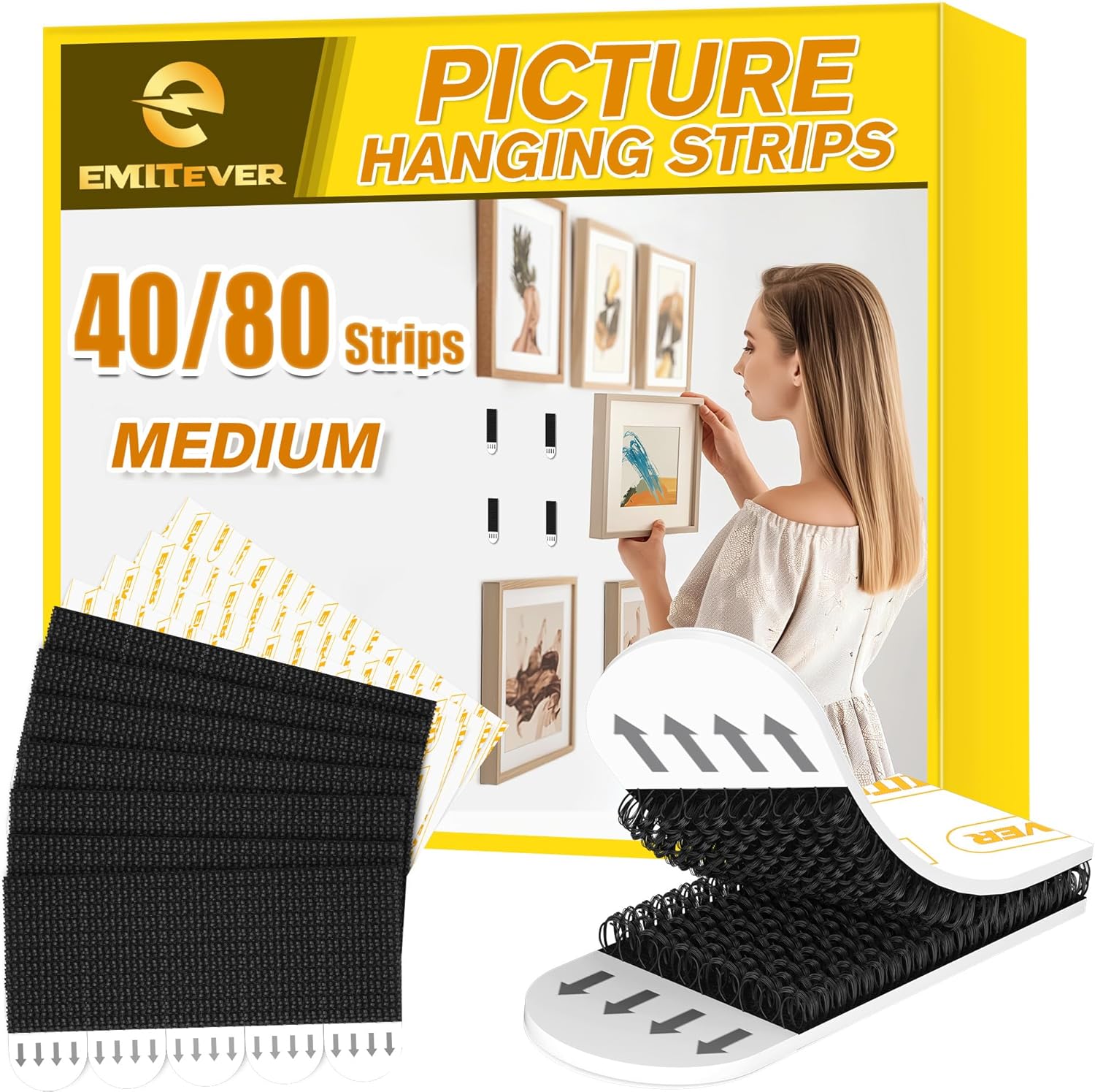 EMITEVER Picture Hanging Strips Heavy Duty, Damage Free Hanging Picture Hangers, Picture Hanging Kit, Hanging Hooks Without Nails, Medium Wall Strips Adhesive Poster Sticky Black 20-Pairs (40 Strips)-0