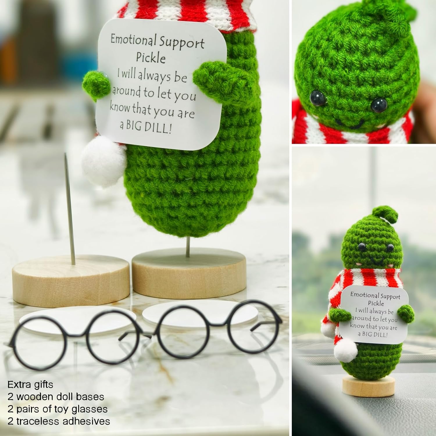 Handmade Emotional Support Pickled Doll Car Dashboard Accessories, Positive Crochet Cucumber Cute Car Decor Funny for Women Coworker (2 Pcs)-6