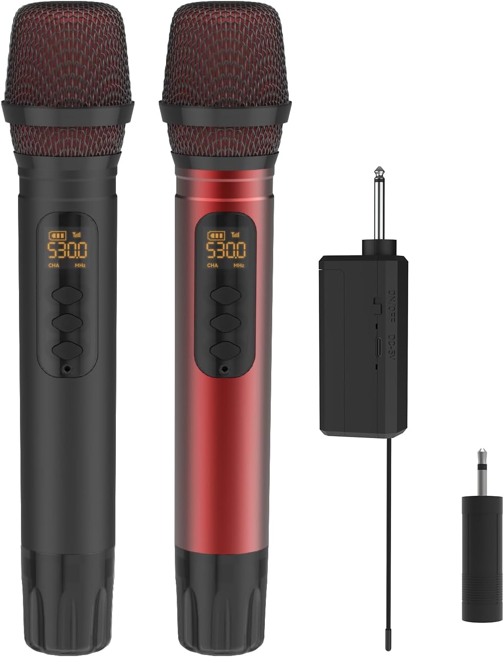 Wireless Microphones, UHF Metal Dual Handheld Cordless Dynamic Mic System with Rechargeable Receiver,1/4 "Output with 1/8" Output,for Karaoke Singing, Wedding, DJ, Party, Speech, Church,240ft-0