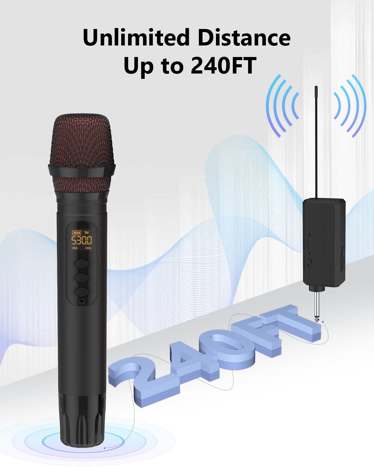 Wireless Microphones, UHF Metal Dual Handheld Cordless Dynamic Mic System with Rechargeable Receiver,1/4 "Output with 1/8" Output,for Karaoke Singing, Wedding, DJ, Party, Speech, Church,240ft-1