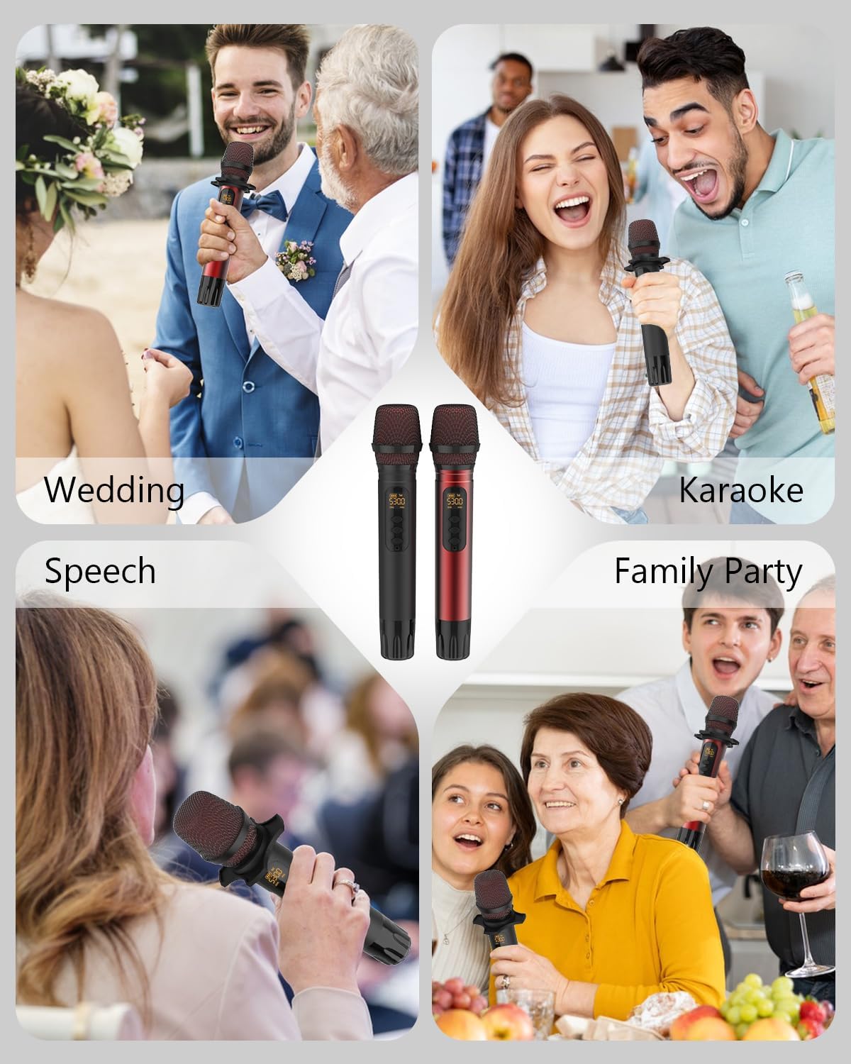 Wireless Microphones, UHF Metal Dual Handheld Cordless Dynamic Mic System with Rechargeable Receiver,1/4 "Output with 1/8" Output,for Karaoke Singing, Wedding, DJ, Party, Speech, Church,240ft-5