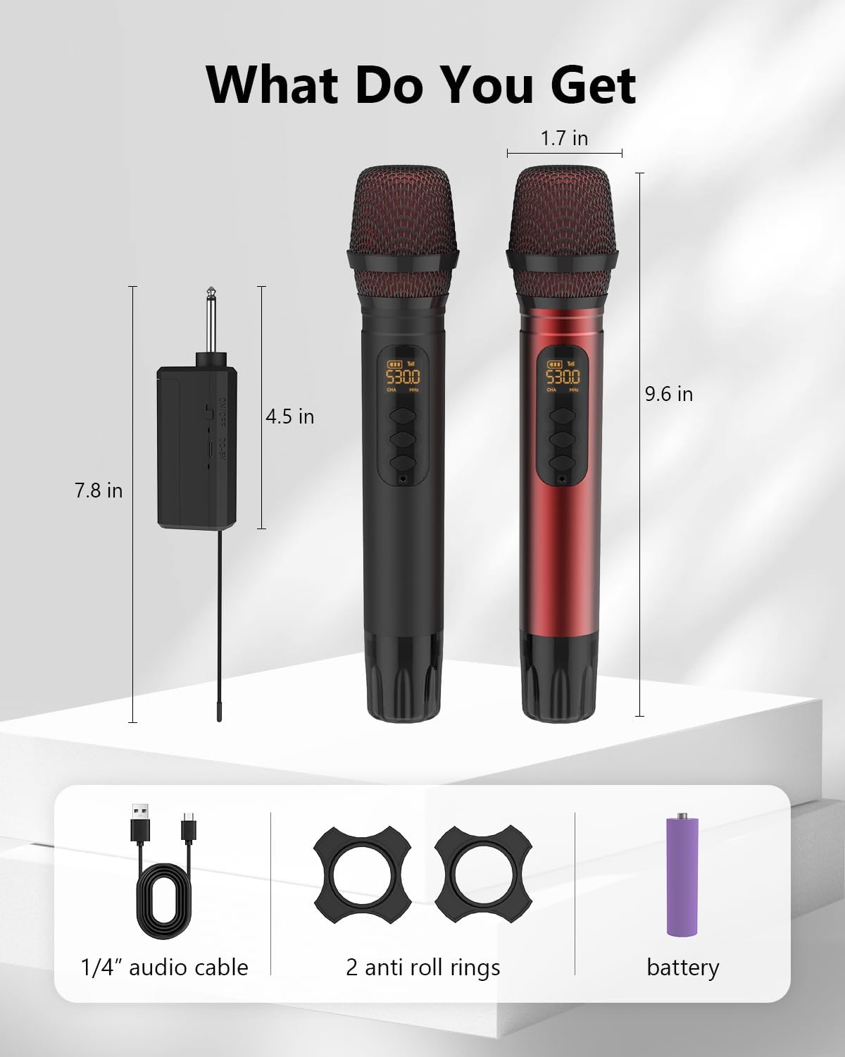 Wireless Microphones, UHF Metal Dual Handheld Cordless Dynamic Mic System with Rechargeable Receiver,1/4 "Output with 1/8" Output,for Karaoke Singing, Wedding, DJ, Party, Speech, Church,240ft-6