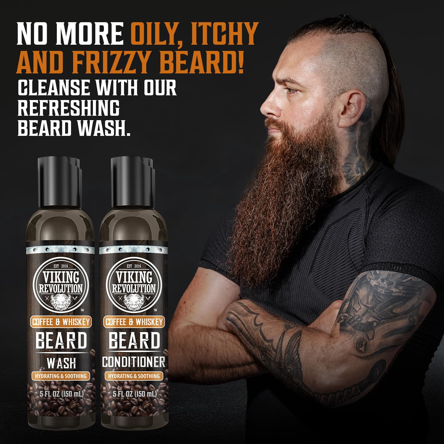 Viking Revolution Beard Wash and Beard Conditioner for Men with Argan Oil and Jojoba Oil- Beard Softener and Strengthener Beard Care Beard Shampoo and Conditioner with Ginseng Root(5oz,Coffee Whiskey)-2