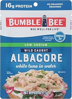 Bumble Bee Low Sodium White Albacore Tuna in Water, 2.5 oz Pouch - Wild Caught Tuna - 16g Protein per Serving, High in Omega-3s - Non-GMO, Gluten Free, Kosher - No Draining Required