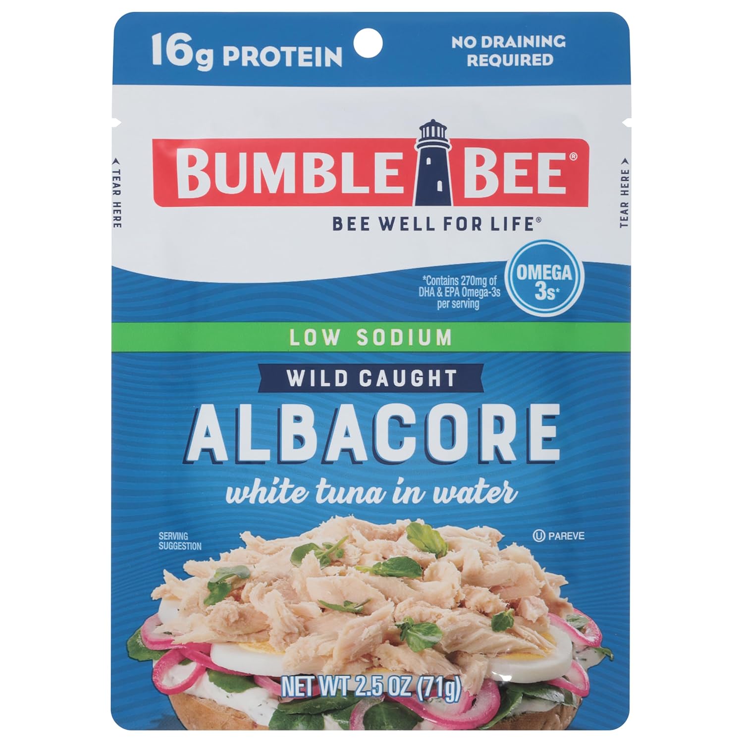 Bumble Bee Low Sodium White Albacore Tuna in Water, 2.5 oz Pouch - Wild Caught Tuna - 16g Protein per Serving, High in Omega-3s - Non-GMO, Gluten Free, Kosher - No Draining Required-0