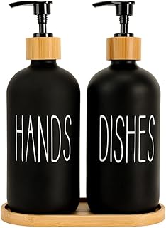 Baynlayn 16 OZ Matte Black Glass Hand and Dish Soap Dispenser with Bamboo Tray for Kitchen, Modern Farmhouse Kitchen Bathroom Decor and Accessories 2 PCS (Black), BSD001