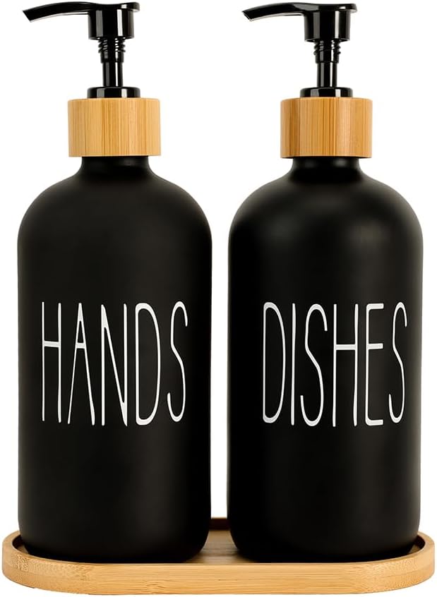 Baynlayn 16 OZ Matte Black Glass Hand and Dish Soap Dispenser with Bamboo Tray for Kitchen, Modern Farmhouse Kitchen Bathroom Decor and Accessories 2 PCS (Black), BSD001-0