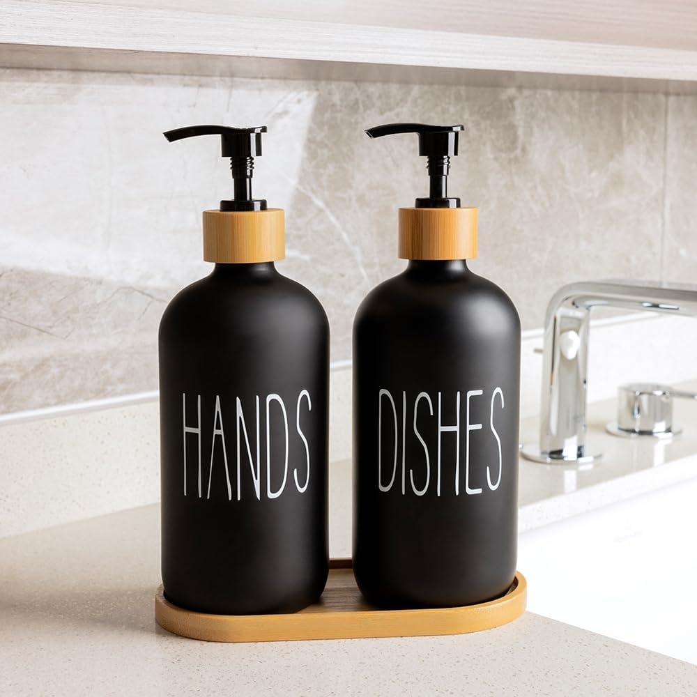 Baynlayn 16 OZ Matte Black Glass Hand and Dish Soap Dispenser with Bamboo Tray for Kitchen, Modern Farmhouse Kitchen Bathroom Decor and Accessories 2 PCS (Black), BSD001-1