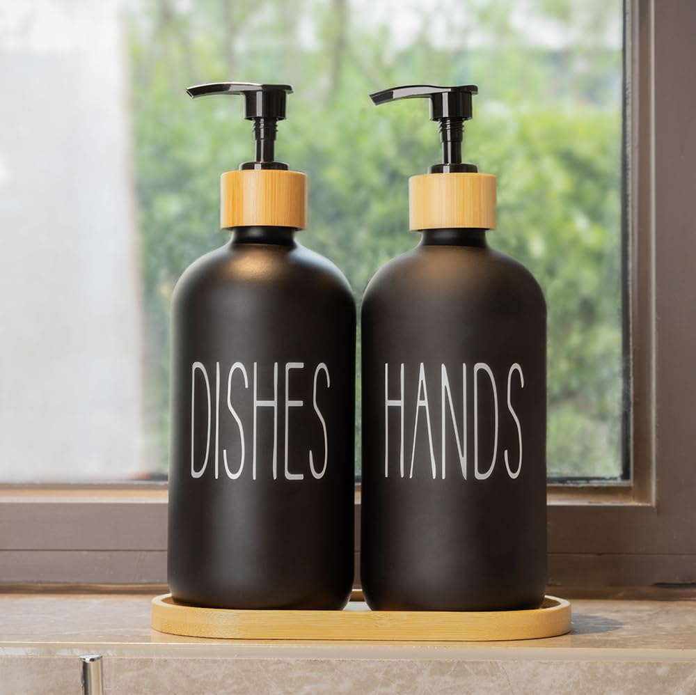 Baynlayn 16 OZ Matte Black Glass Hand and Dish Soap Dispenser with Bamboo Tray for Kitchen, Modern Farmhouse Kitchen Bathroom Decor and Accessories 2 PCS (Black), BSD001-4