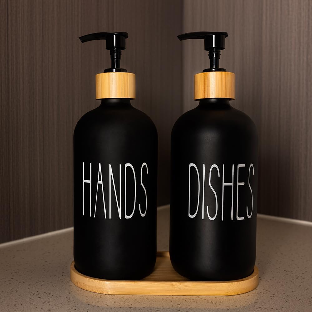 Baynlayn 16 OZ Matte Black Glass Hand and Dish Soap Dispenser with Bamboo Tray for Kitchen, Modern Farmhouse Kitchen Bathroom Decor and Accessories 2 PCS (Black), BSD001-8