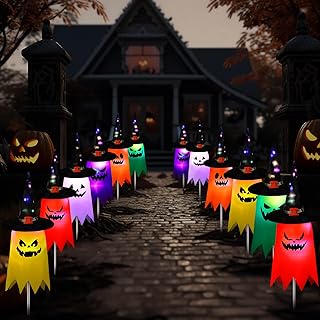 12 Pcs Halloween Pathway Lights 23.5 inch Ghost Yard Stakes Battery Operated Halloween Lawn Lights for Outdoor Walkway Yard Driveway Party Decor