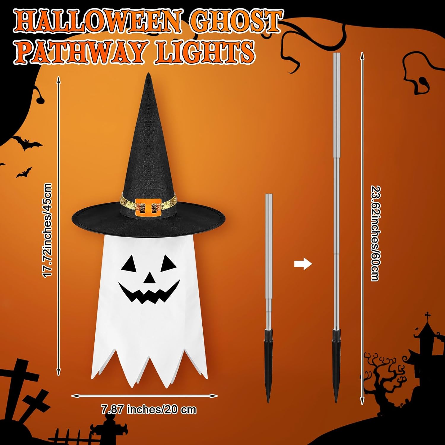 12 Pcs Halloween Pathway Lights 23.5 inch Ghost Yard Stakes Battery Operated Halloween Lawn Lights for Outdoor Walkway Yard Driveway Party Decor-1