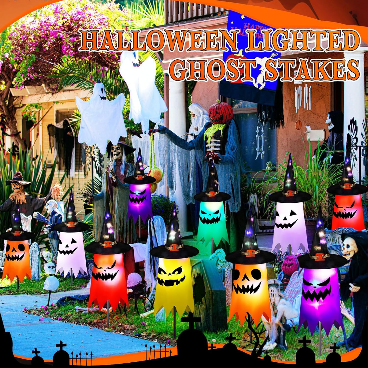 12 Pcs Halloween Pathway Lights 23.5 inch Ghost Yard Stakes Battery Operated Halloween Lawn Lights for Outdoor Walkway Yard Driveway Party Decor-3