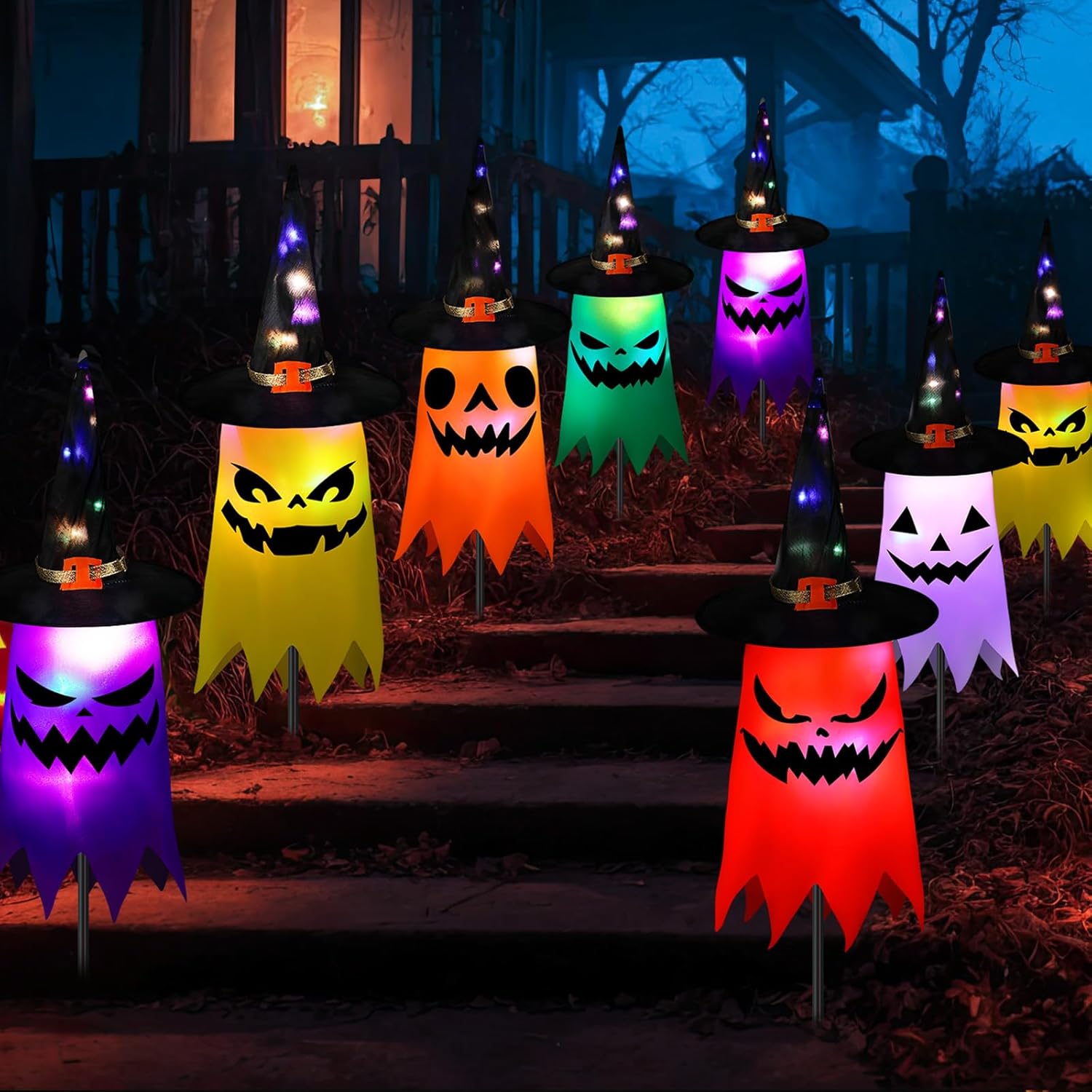 12 Pcs Halloween Pathway Lights 23.5 inch Ghost Yard Stakes Battery Operated Halloween Lawn Lights for Outdoor Walkway Yard Driveway Party Decor-4