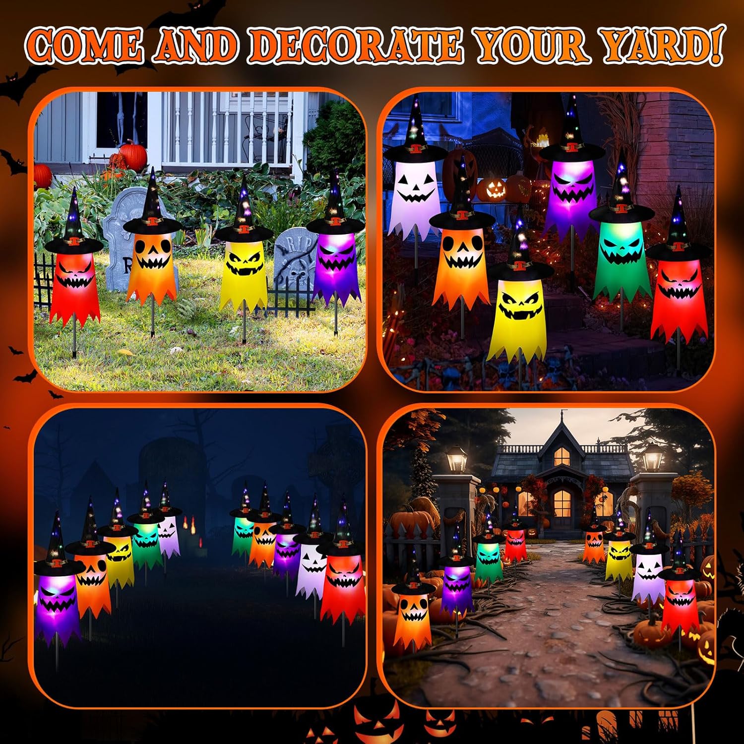 12 Pcs Halloween Pathway Lights 23.5 inch Ghost Yard Stakes Battery Operated Halloween Lawn Lights for Outdoor Walkway Yard Driveway Party Decor-5