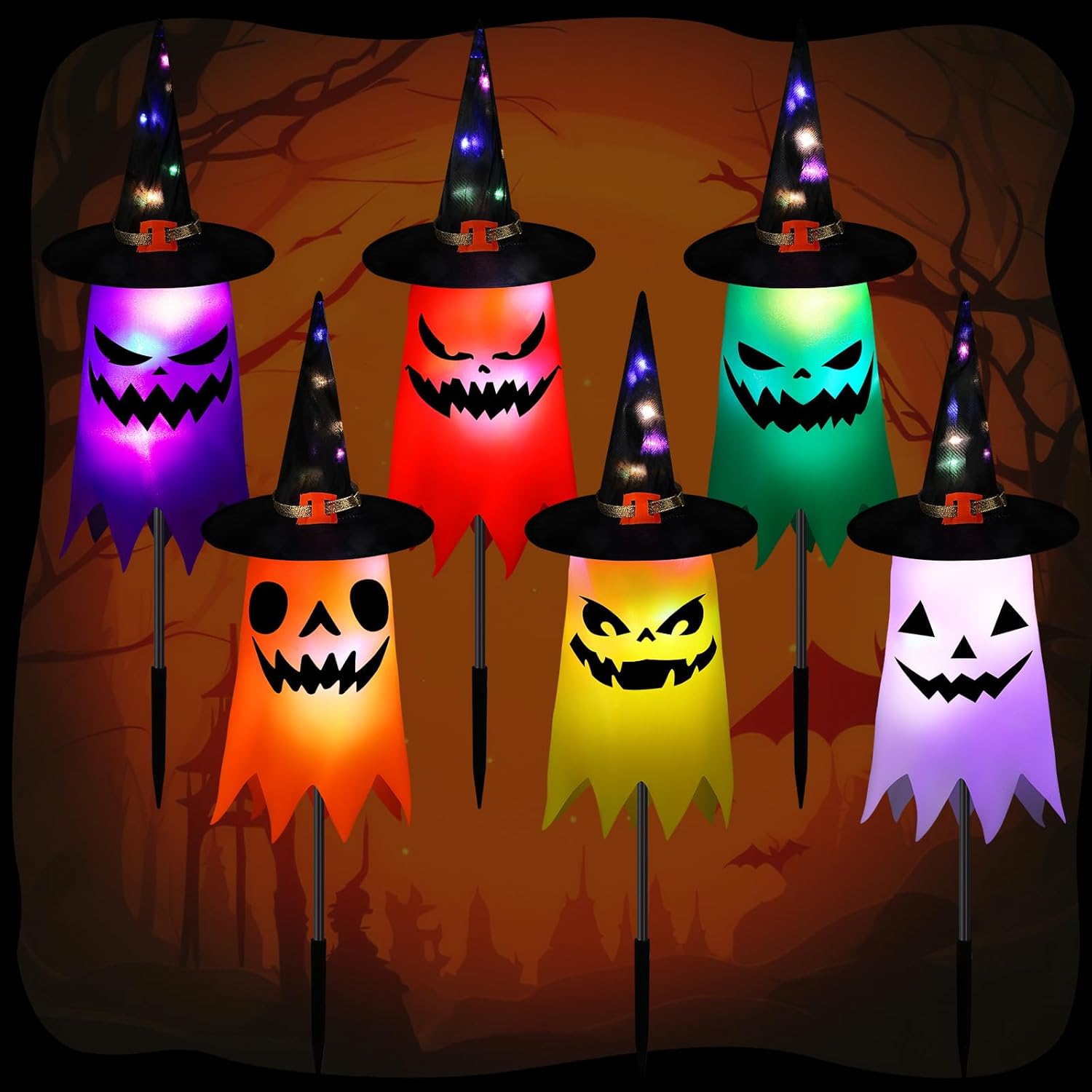 12 Pcs Halloween Pathway Lights 23.5 inch Ghost Yard Stakes Battery Operated Halloween Lawn Lights for Outdoor Walkway Yard Driveway Party Decor-6