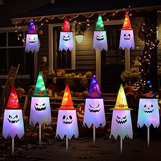 6 Pcs Halloween Yard Stakes 23.5 inch Ghost Witch Hat Pathway Lights Battery Operated Halloween Lawn Lights for Outdoor Walkway Yard Driveway Party Decor