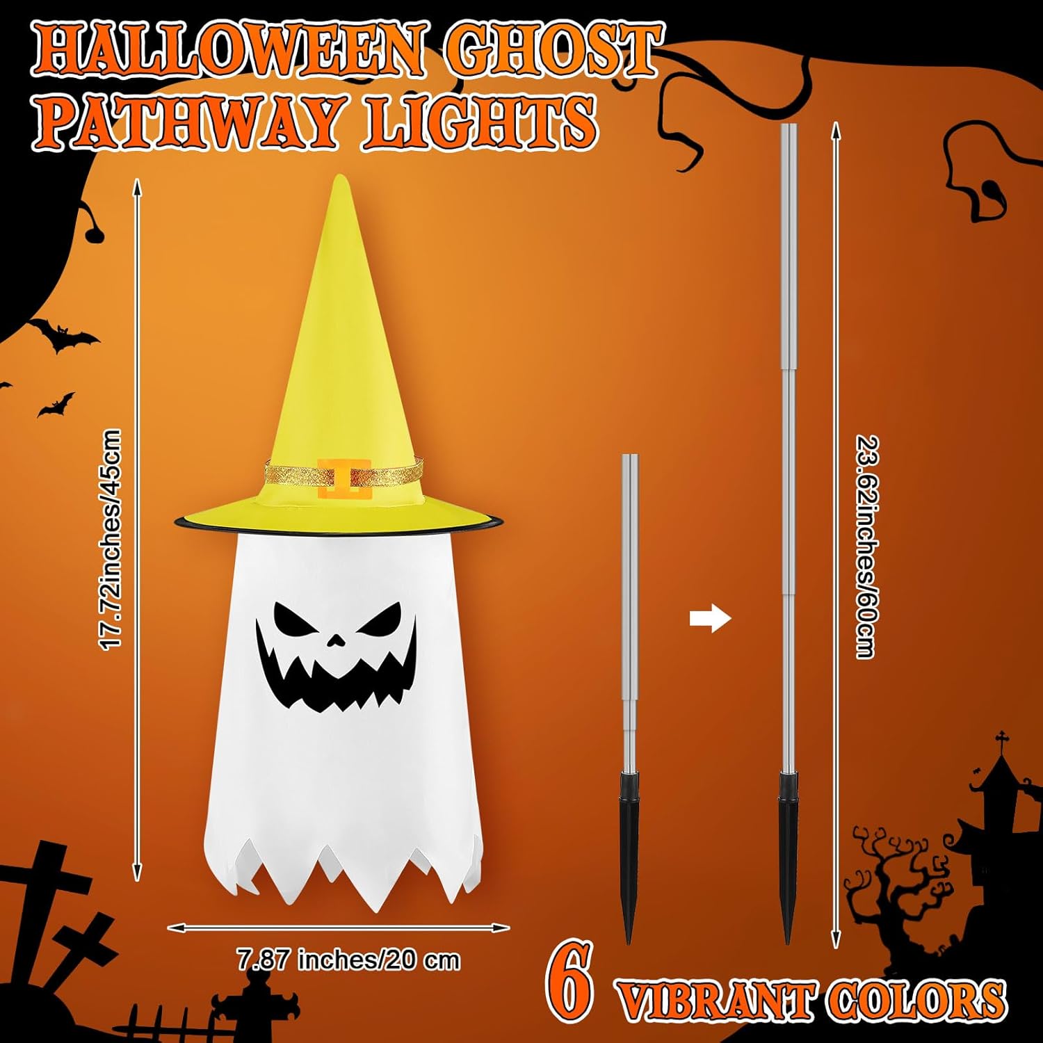 6 Pcs Halloween Yard Stakes 23.5 inch Ghost Witch Hat Pathway Lights Battery Operated Halloween Lawn Lights for Outdoor Walkway Yard Driveway Party Decor-1