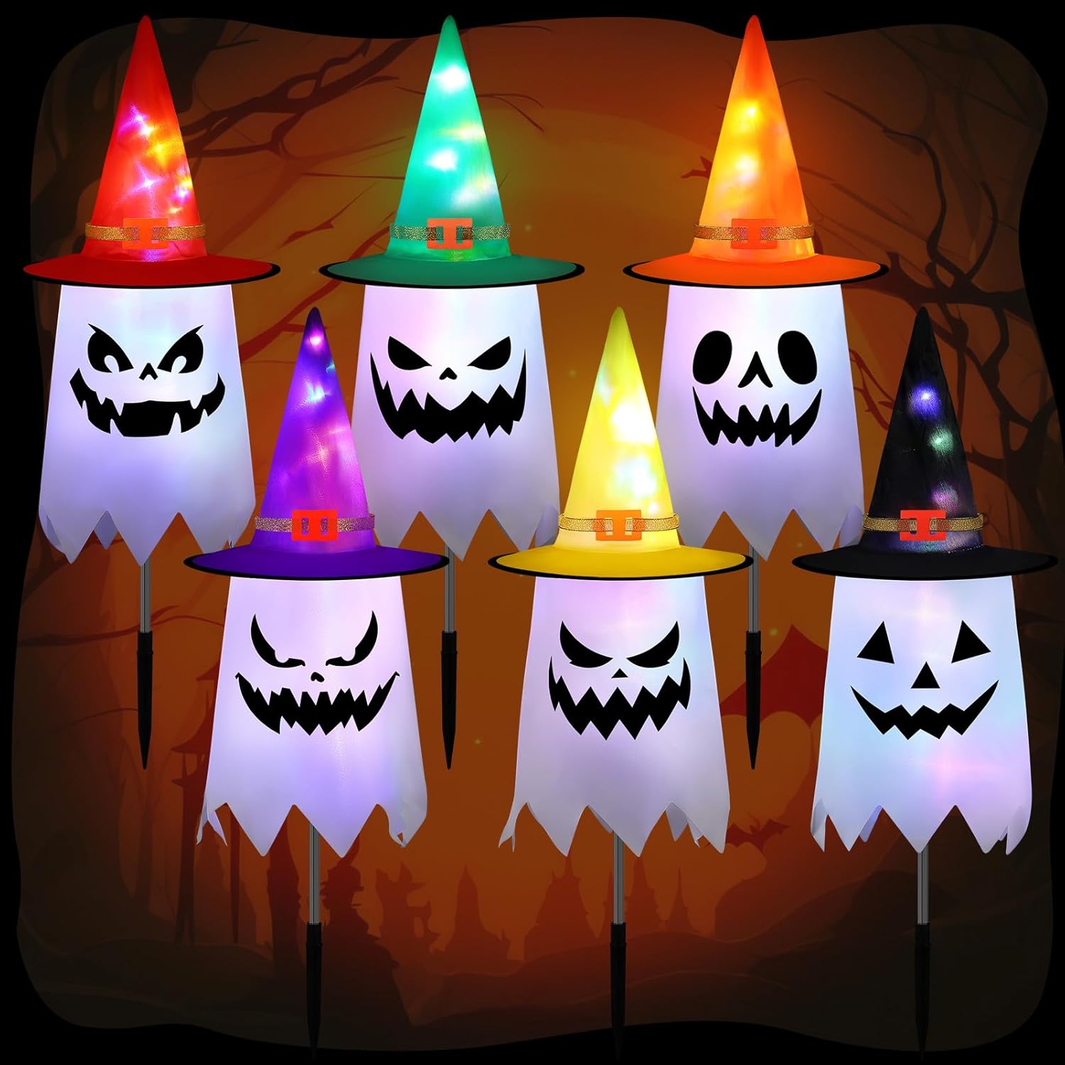 6 Pcs Halloween Yard Stakes 23.5 inch Ghost Witch Hat Pathway Lights Battery Operated Halloween Lawn Lights for Outdoor Walkway Yard Driveway Party Decor-3