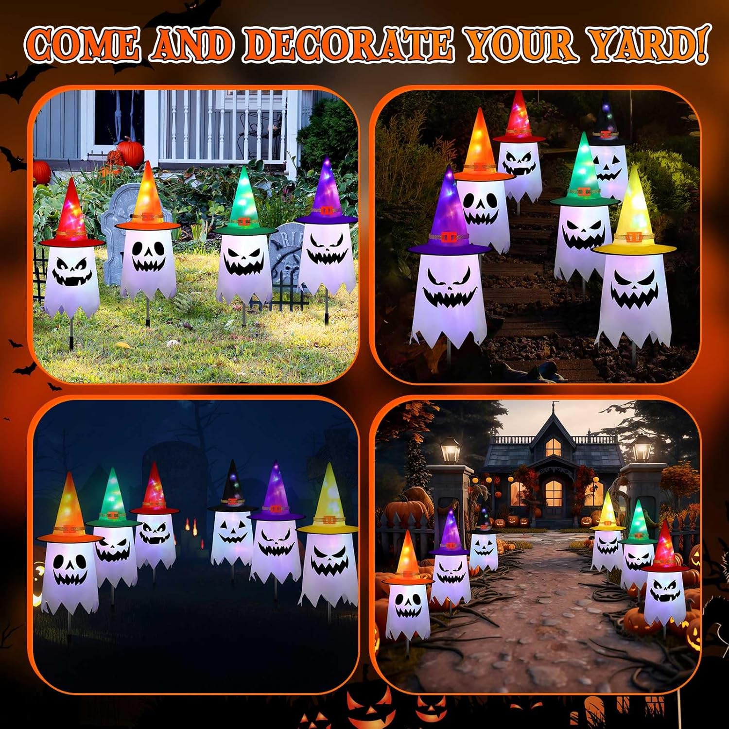 6 Pcs Halloween Yard Stakes 23.5 inch Ghost Witch Hat Pathway Lights Battery Operated Halloween Lawn Lights for Outdoor Walkway Yard Driveway Party Decor-4