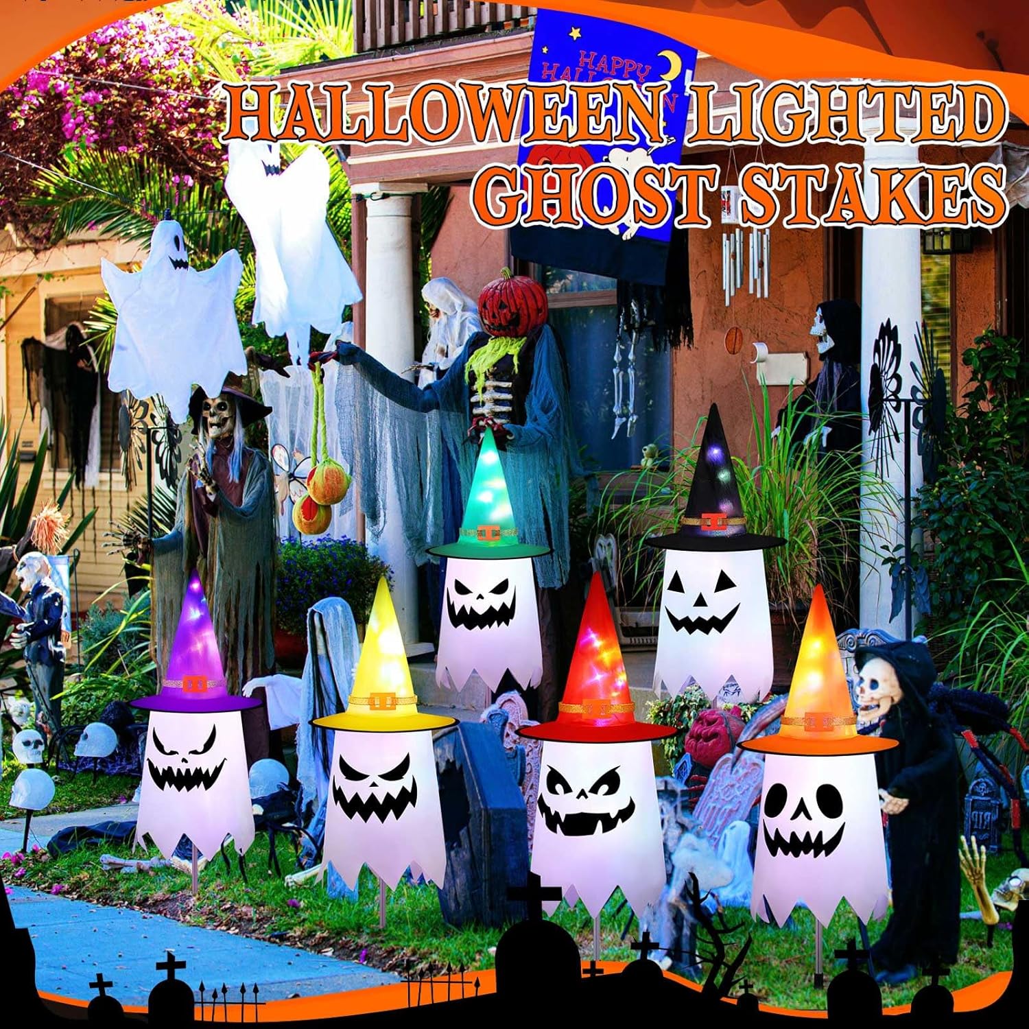 6 Pcs Halloween Yard Stakes 23.5 inch Ghost Witch Hat Pathway Lights Battery Operated Halloween Lawn Lights for Outdoor Walkway Yard Driveway Party Decor-5