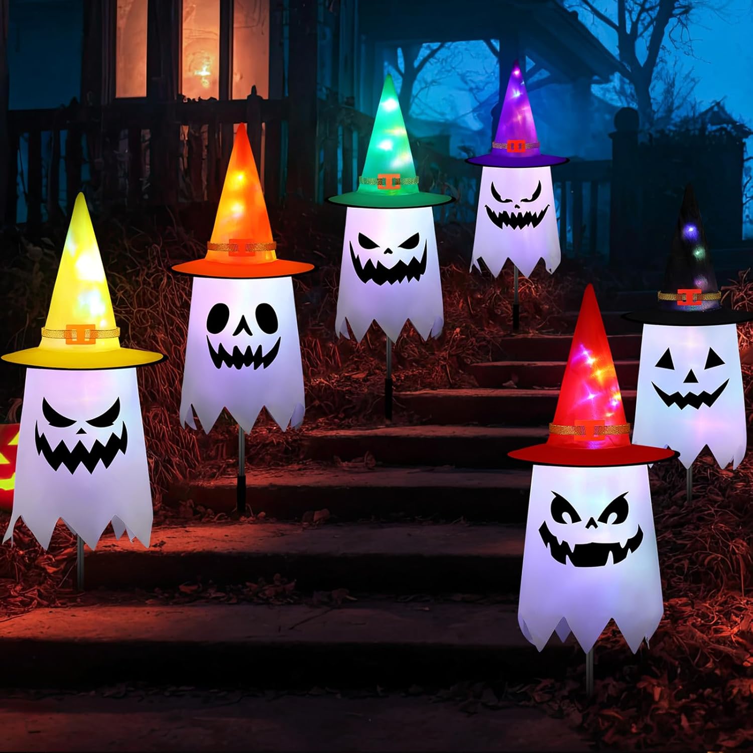 6 Pcs Halloween Yard Stakes 23.5 inch Ghost Witch Hat Pathway Lights Battery Operated Halloween Lawn Lights for Outdoor Walkway Yard Driveway Party Decor-6