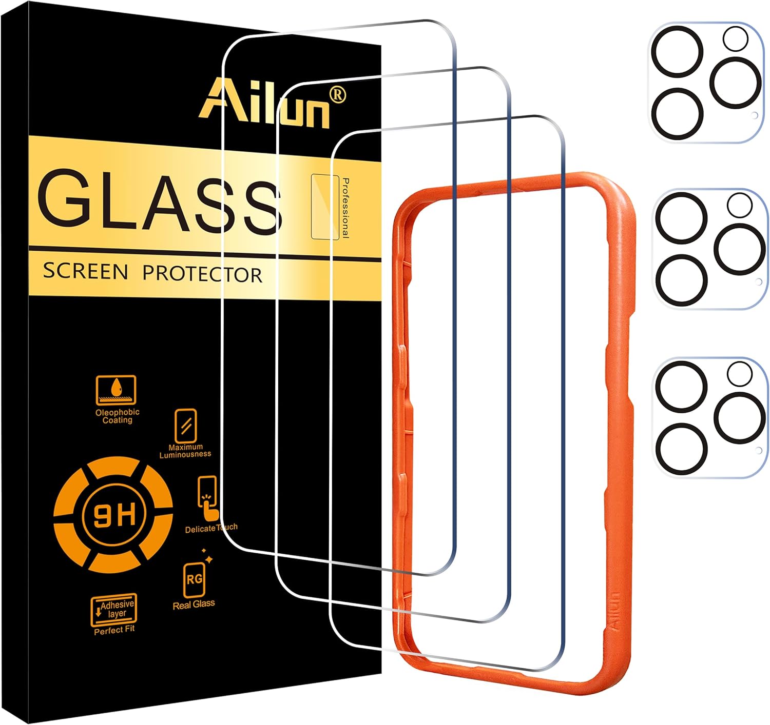 Ailun 3 Pack Screen Protector for iPhone 16 Pro Max [6.9 inch] + 3 Pack Camera Lens Protector with Installation Frame,Sensor Protection,Dynamic Island Compatible,Case Friendly Tempered Glass Film-0