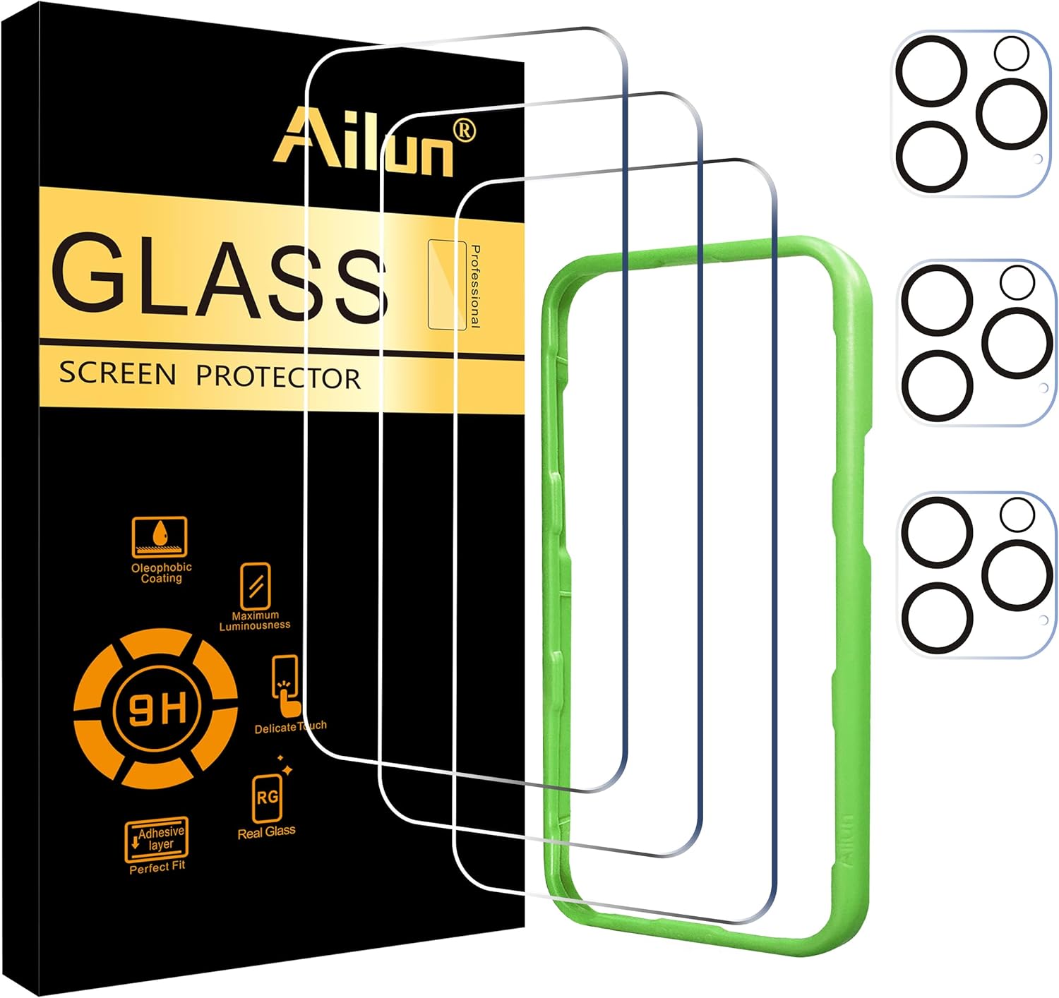 Ailun 3 Pack Screen Protector for iPhone 16 Pro [6.3 inch] + 3 Pack Camera Lens Protector with Installation Frame,Case Friendly Tempered Glass Film,[9H Hardness] - HD [6 Pack]-0