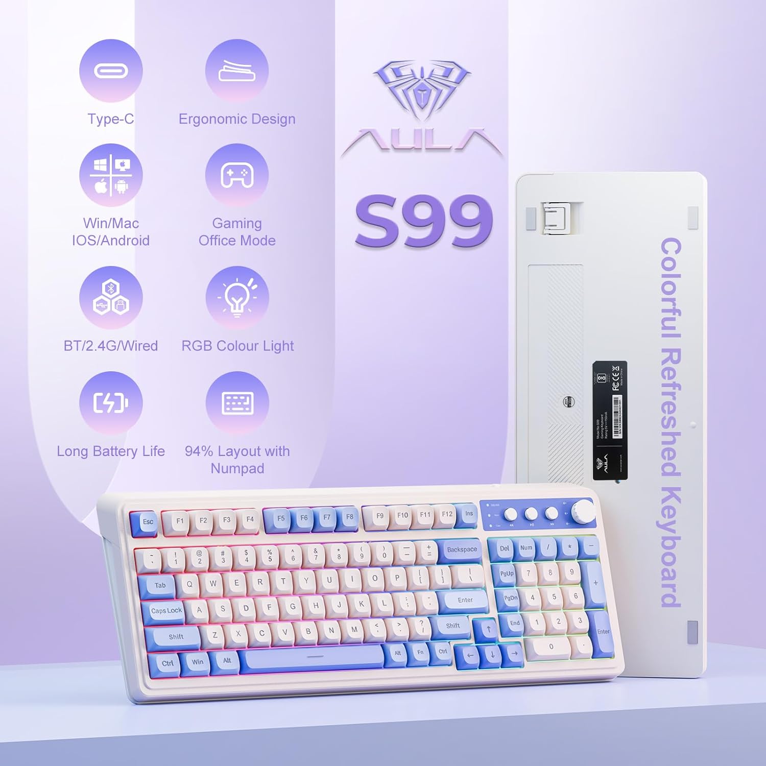 AULA 99 Key Keyboard, Tri-Mode Bluetooth/2.4GHz/USB-C Cute Creamy Gaming Keyboard with Number Pad RGB Backlit, Media Knob Custom Mechanical Feel Computer Keyboard for MAC Xbox PC Gamer - Purple-1