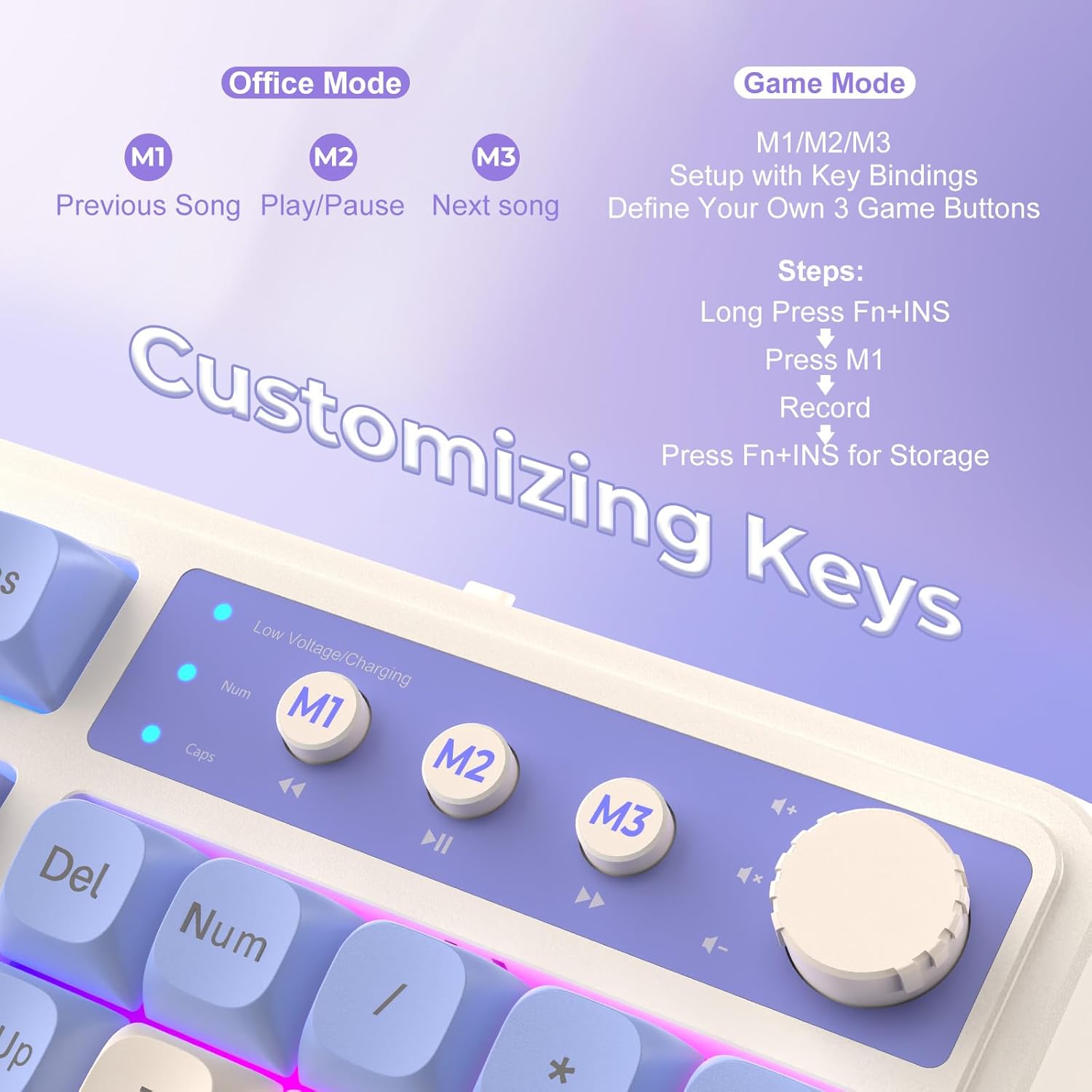 AULA 99 Key Keyboard, Tri-Mode Bluetooth/2.4GHz/USB-C Cute Creamy Gaming Keyboard with Number Pad RGB Backlit, Media Knob Custom Mechanical Feel Computer Keyboard for MAC Xbox PC Gamer - Purple-3