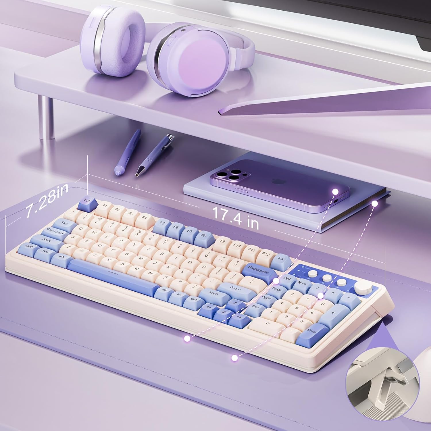 AULA 99 Key Keyboard, Tri-Mode Bluetooth/2.4GHz/USB-C Cute Creamy Gaming Keyboard with Number Pad RGB Backlit, Media Knob Custom Mechanical Feel Computer Keyboard for MAC Xbox PC Gamer - Purple-6