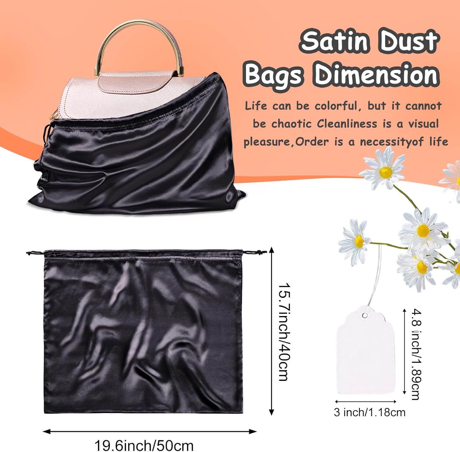 RUDONG M 8 Pack Black Satin Dust Bags for Handbag, Silky Dust Cover Bags with Drawstring, Purse Dust Bags for Storage, Travel Pouch Clothes Shoes-3