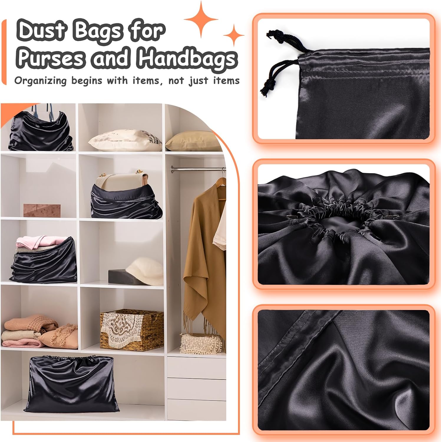 RUDONG M 8 Pack Black Satin Dust Bags for Handbag, Silky Dust Cover Bags with Drawstring, Purse Dust Bags for Storage, Travel Pouch Clothes Shoes-4