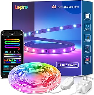 Lepro S1 AI LED Strip Lights for Christmas Decoration, 50ft Smart RGB Light Strips with IC and Rainbow Effect, Color Segment DIY, AI Generated Lighting, No Remote, Not Cuttable, 2.4G Wi-Fi & Bluetooth