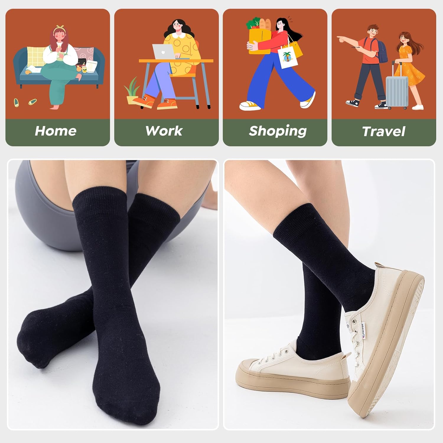 Womens Dress Socks, Bamboo Rayon Thin Soft Crew Socks for Business, Trouser, Casual, Non-Binding Breathable 3 Pair-5