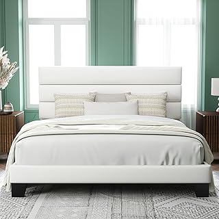 Allewie King Size Platform Bed Frame with Velvet Upholstered Headboard and Wooden Slats Support, Fully Upholstered Mattress Foundation/No Box Spring Needed/Easy Assembly, White