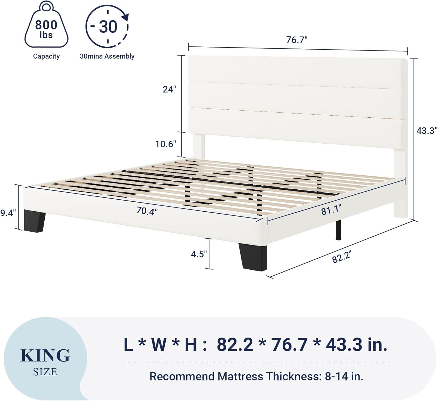 Allewie King Size Platform Bed Frame with Velvet Upholstered Headboard and Wooden Slats Support, Fully Upholstered Mattress Foundation/No Box Spring Needed/Easy Assembly, White-1