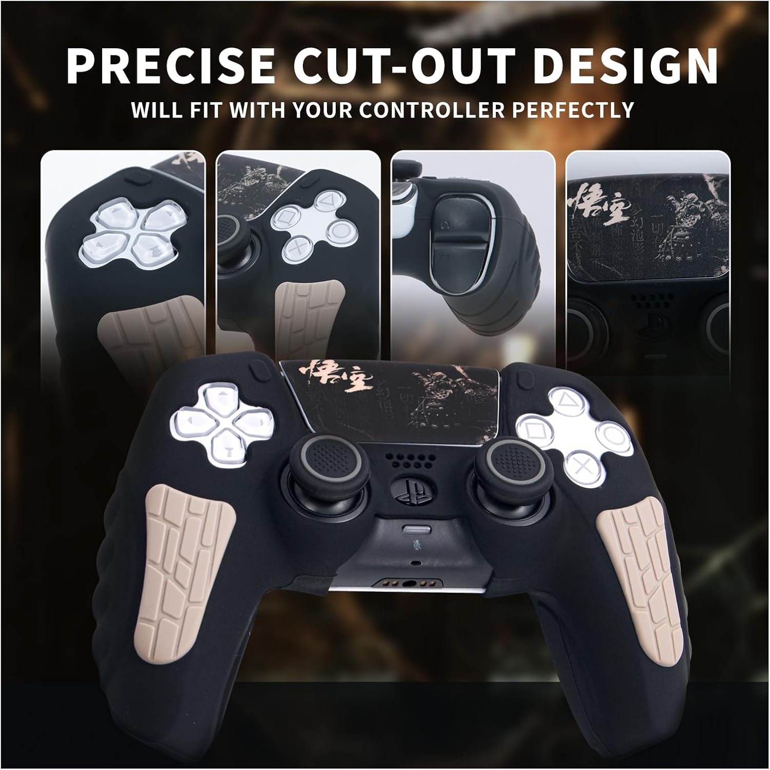 ECHZOVE PS5 Controller Cover Case, Anti-Slip Silicone Cover Skin Compatible with PS5 Controller with Thumb Grip Caps, Joystick Protectors and Cover Wrap Sticker - Black Myth Wukong-2